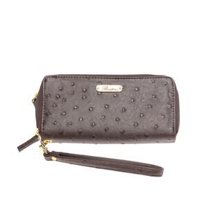 Buxton Ostrich Brights Slim Double Zip Wallet Wristlet Brown